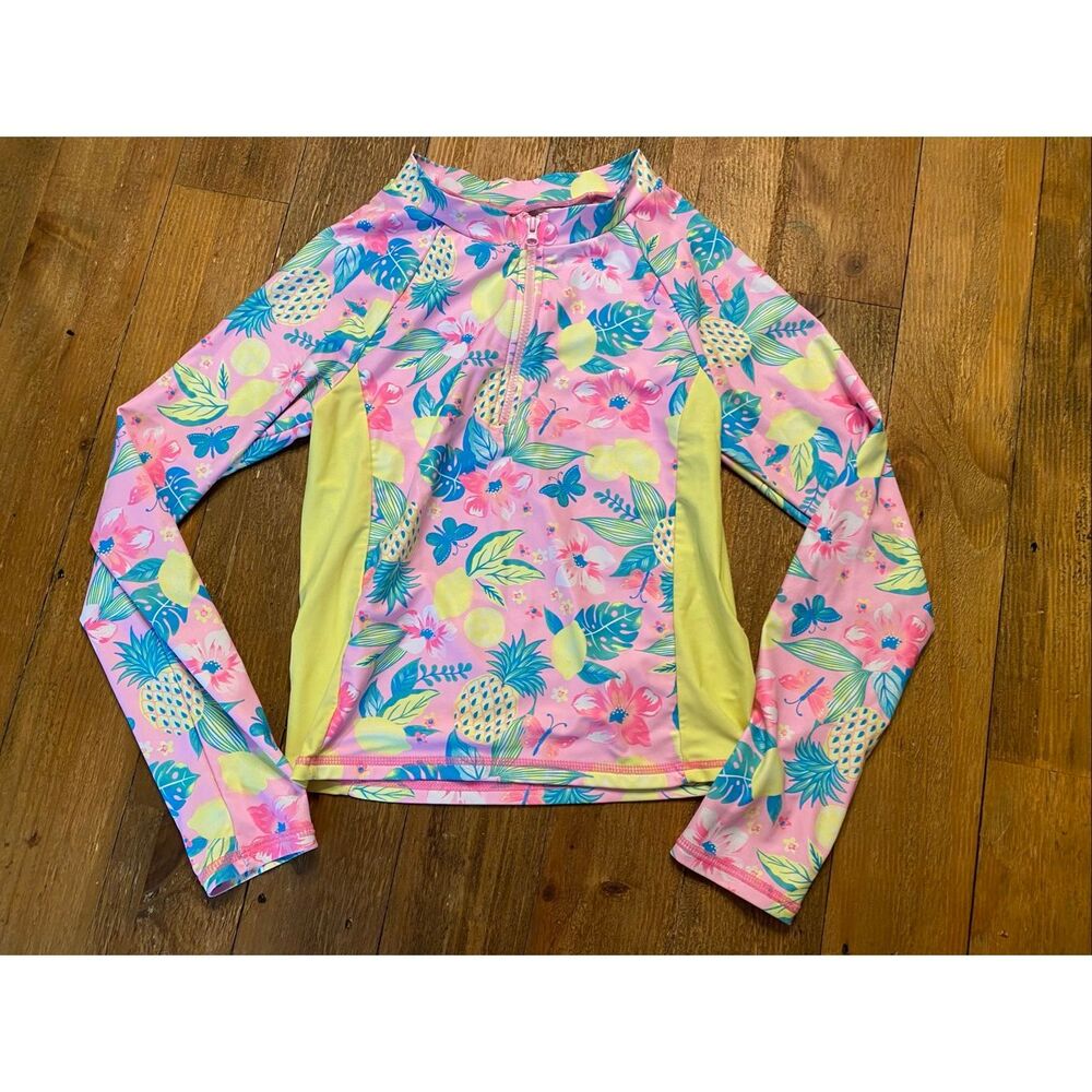 Betsey Johnson size 14 rash guard swimwear top pink yellow floral girls